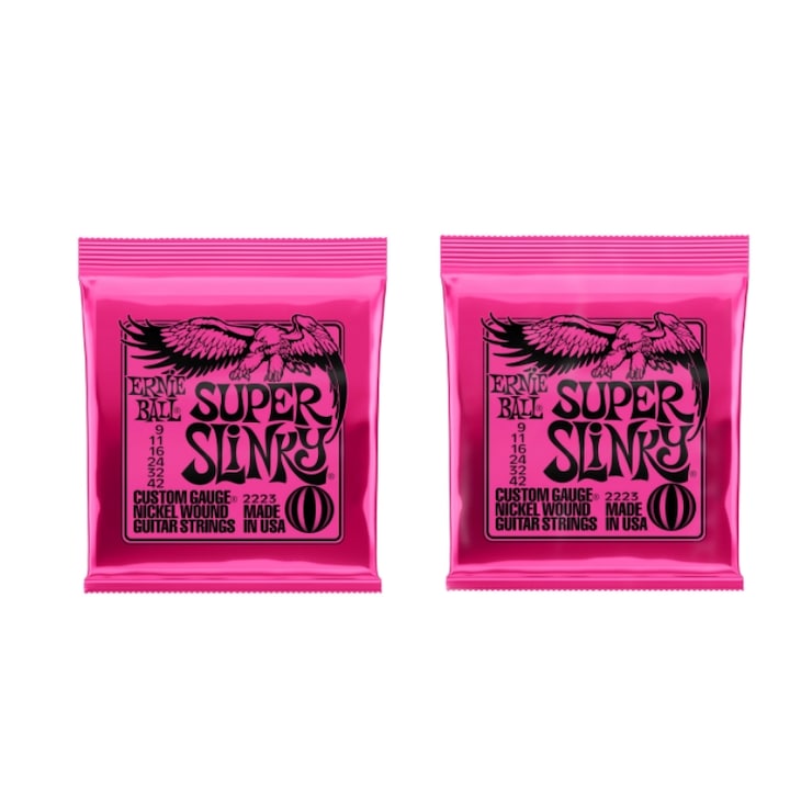 Set de doua seturi de corzi pentru chitara electrica  set de coarde  Ernie Ball  2223  senzatie usoara  usoare  pentru chitara electrica  grosime 09-42  nichel