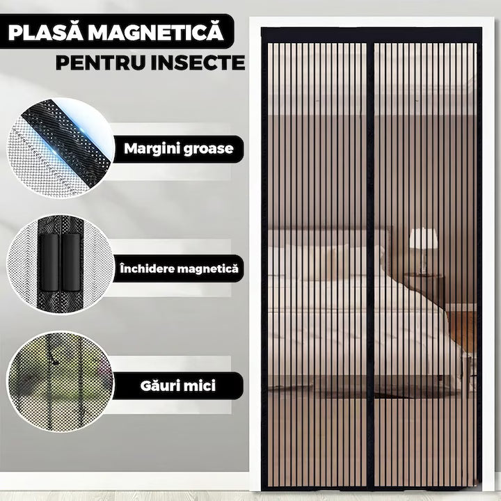 Plasa Anti Insecte pentru Usa cu Inchidere Magnetica 100 x 210 cm  Auto-Inchidere  Montaj Fara Gaurire  Negru