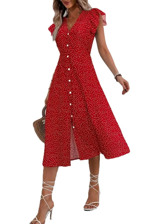 import - Lightweight summer dress with buttons from top to bottom, polka dot, Red, 12 installments with 0% interest