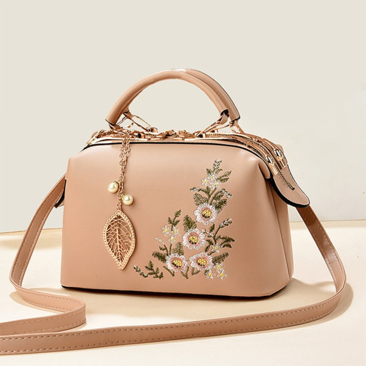 OEM - Women's Bag with Leaf Pendant and Embroidered Flower, Adjustable Shoulder Strap and Two Fixed Handles, Multiple Compartments, Faux Leather, Khaki - 12 interest-free installments