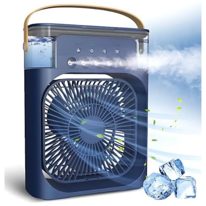 Ventilator Portabil 3 in 1 cu Pulverizare  Mini Racitor de Aer cu Umidificare si Iluminare LED 7 Culori  Rezervor 600 ml  3 Viteze si 3 Trepte Pulverizare  Alimentare USB  Silentios  pentru Birou  Camping si Dormitor  Albastru