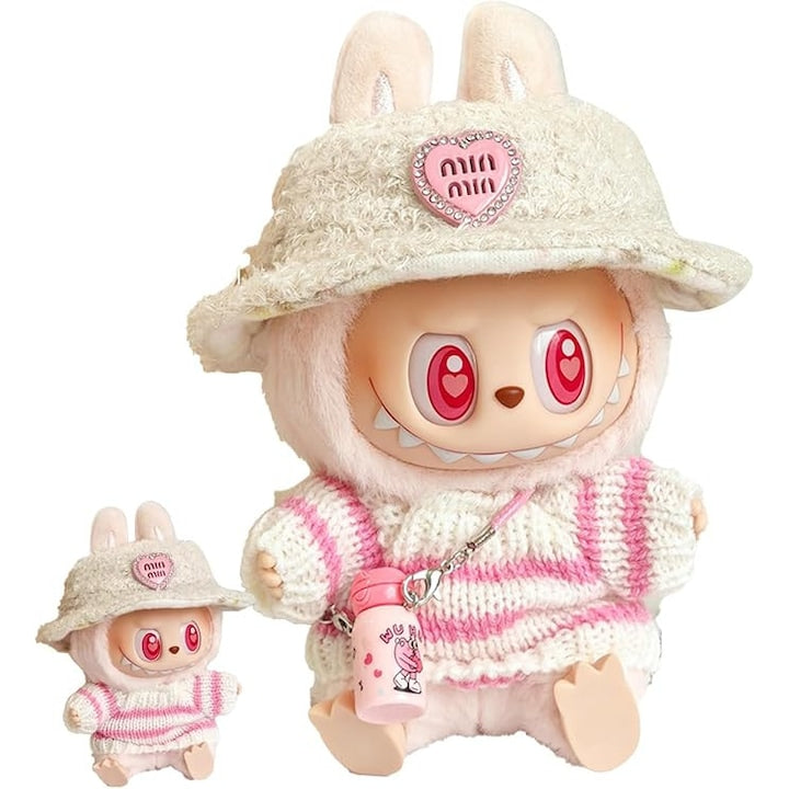 Set 3 imbracaminte pentru papusi Labubu  Cootway  15/17 cm  palarie cu fusta de tifon cu accesorii  Roz (nu contine papusa)