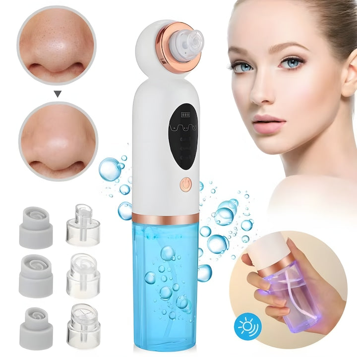 Aparat profesional pentru indepartarea punctelor negre  Nerele  Micro-Bubbles & Vacuum 55 kPa  3 moduri  6 capete interschimbabile  hidratare cu oxigen  exfoliere  reducere pori  extragere sebum  rezervor dublu  incarcare USB  Alb