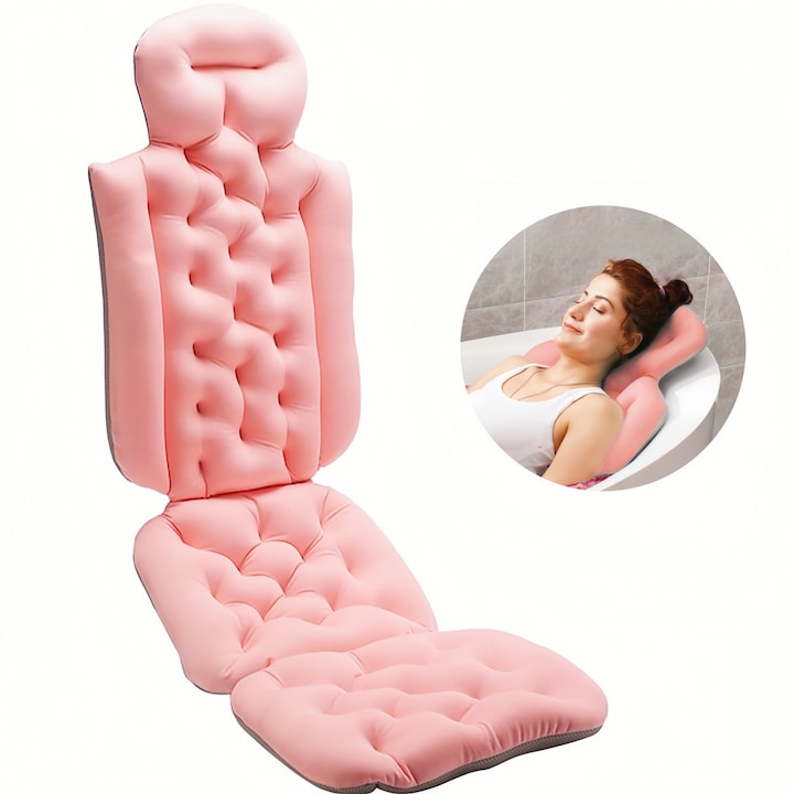 Perna pentru cada antialunecare cu ventuze  Wacorresi  Perna de baie integrala  ergonomica  suport pentru gat si spate  material respirabil  moale si elastic  uscare rapida  stabil si reglabil  sigur si antiderapant  roz