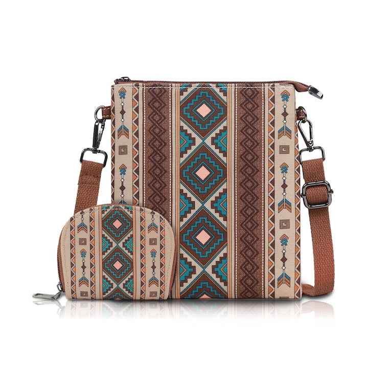 Fantasy - Geanta de umar dama  Set de 2 piese: geanta crossbody + portmoneu  Geanta cu un singur umar  curea de umar reglabila  De zi cu zi  Stil etnic  casual  vacanta  hawaian  Model cu romburi  multicolor  Schema de culori Maro