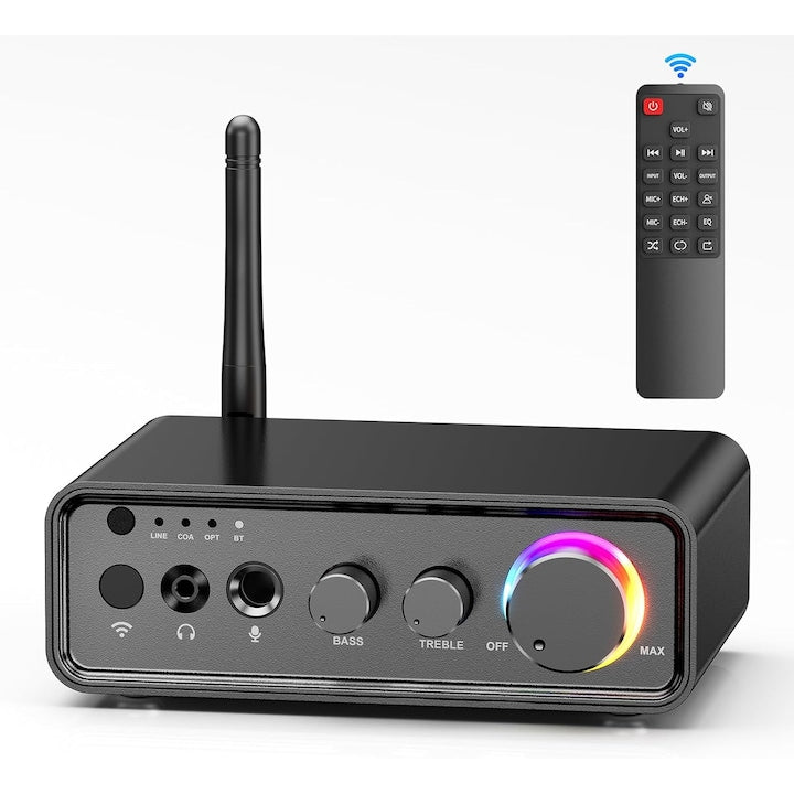Amplificator Bluetooth cu receptor stereo  mini amplificator Bluetooth 5.3 2 canale  amplificator HiFi clasa D de 100W x2  cu intrare RCA/optica/coaxiala/microfon si control al basului si inaltelor pentru boxe exterioare de acasa  WALALLA