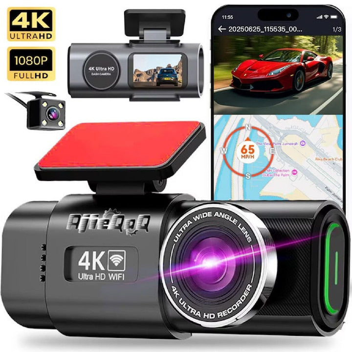 Camera de bord DVR duala  4K Ultra HD Dual-Channel 2160p  inregistrare in bucla  vedere nocturna  senzor G  ghidare vocala  unghi larg de 170°  mod monitorizare parcare  detectie coliziune  kitul include camera retrovizoare