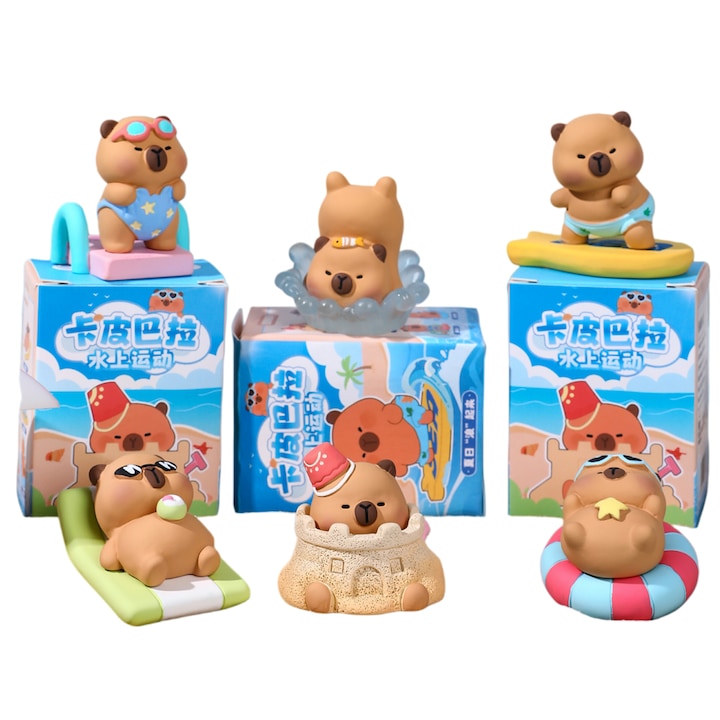 Set of 6 Capybara Fantasy Figurines, Summer Beach Theme, fresh and bright. Featuring figurines in various poses: head down, surfing, diving, sunbathing. It's an ideal gift for children and also a beautiful decoration.