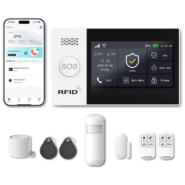 Wireless Alarm System Duueyct LCD WiFi/4G GSM RFID 4.3" Touchscreen App Control Smart Kit with Sensor and PIR Detector Compatible with Tuya Smart App SMS Alert Voice Call Alexa Voice Control White