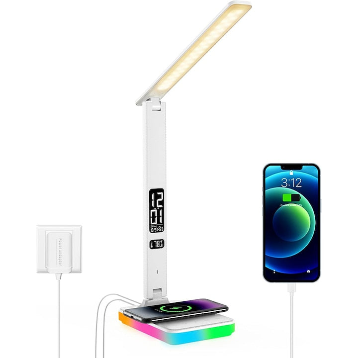 Lampa de Birou  Rqiurpn  cu LED  cu incarcator wireless  incarcare wireless pentru IOS si Android telefon  5 nivele de luminozitate  Control tactil  Potrivita si pentru Noptiera in Dormitor