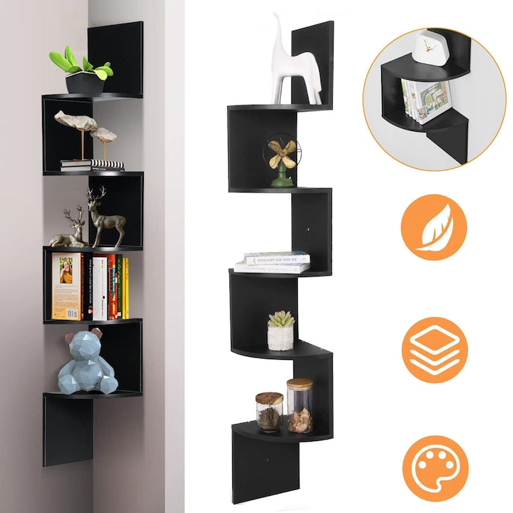 5-Tier Black Corner Shelf, Wall Mounted Floating Corner Shelves, Zig-Zag Bookshelf for Bedroom, Living Room, Office, 20x20x126cm, Space-Saving Floating Display Shelf