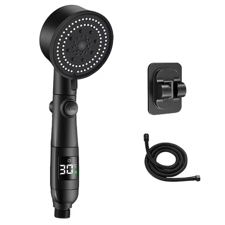 ZOUN Smart Shower Head Set with Holder and 1.5m Flexible Hose, High Pressure, Digital Temperature Display, 5 Spray Modes, Universal Connection, One-Touch Water Stop, Durable, 27 cm x 9 cm, Black