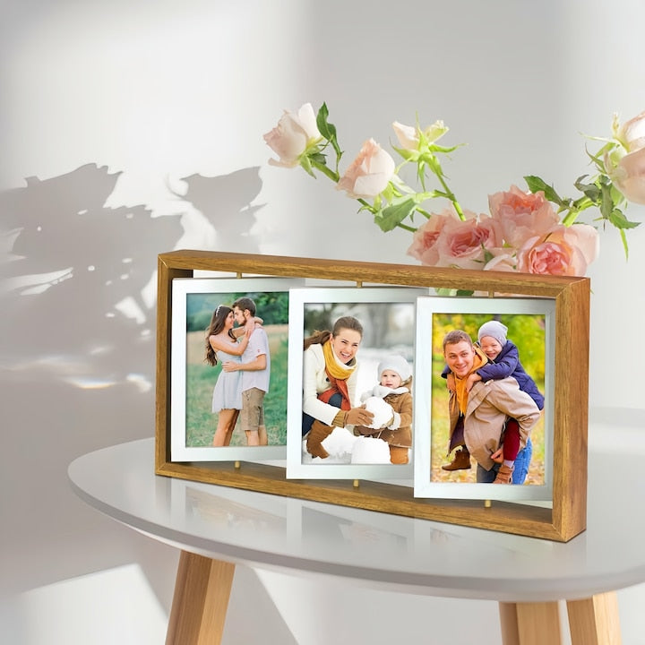 Rama foto rotativa  Wacorresi  Poate gazdui 6 fotografii de dimensiuni 10 x 15cm  doua fete  stand lemn natur  rame foto plutitoare pentru birou desktop si decor acasa  40 x 21cm  Maro