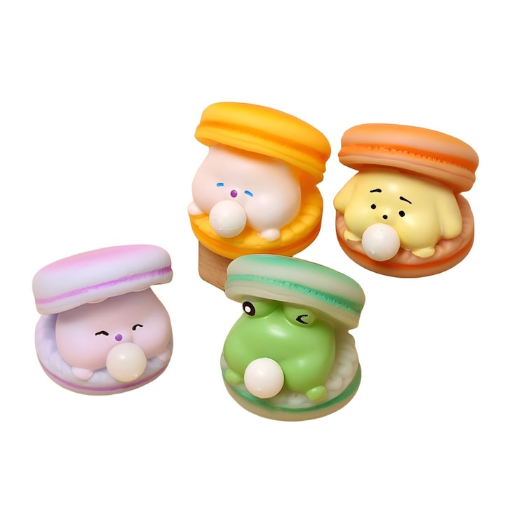 Set 4 Jucarii Antistres Squishy - Broasca  Catel  Pisica si Iepuras care Sufla Bule la Stoarcere  Jucarie Moale Kawaii in Forma de Macaron  Cadou Ideal pentru Copii