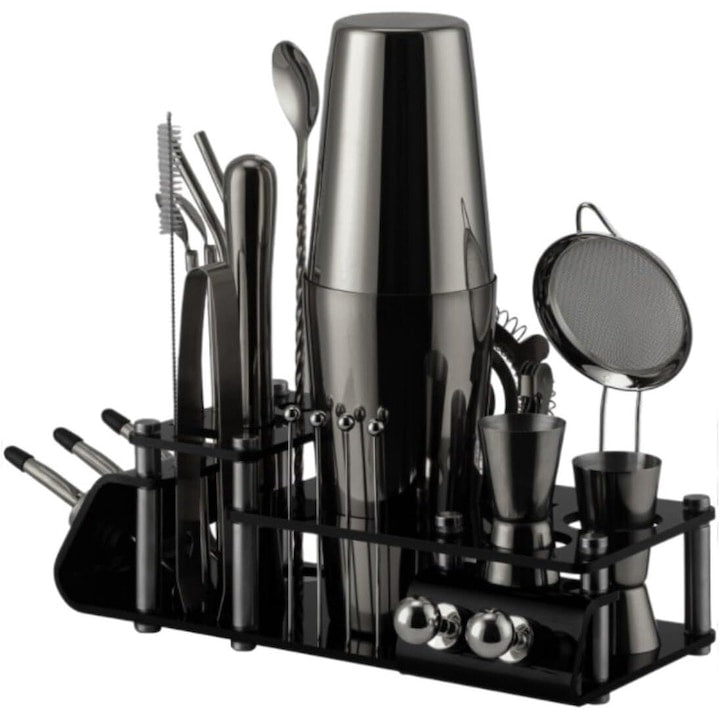 Set de mixare cocktailuri cu 24 de piese  SoXinny  750 ml  suport pentru disc acrilic  cana de masurat  cleste pentru gheata  diverse accesorii  otel inoxidabil  negru