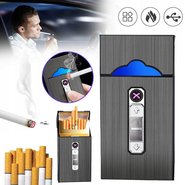 Husă de țigări cu brichetă electrică 2 în 1  negru  102x60x35mm  capacitate 20 țigări