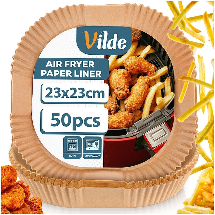 Set 50 De Hartii Pentru Friteuza Air Fryer  Vilde  23x23x4.5 cm  De Unica Folosinta  Fabricate Din Hartie Uleiata  Rezistente La Temperaturi Ridicate  Impermeabile Si Rezistente La Ulei  Bej