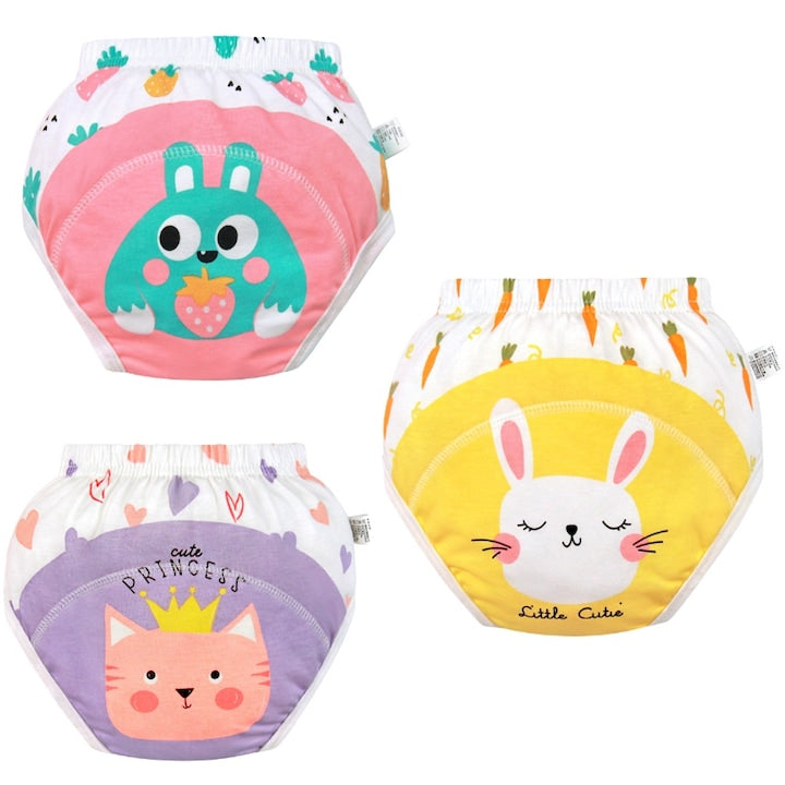 Set de 3 chilotei antrenament pentru olita  BOMSTOM  bumbac  reutilizabili  Cu strat antiscurgere  Puternic absorbanti  multicolor  10-15kg