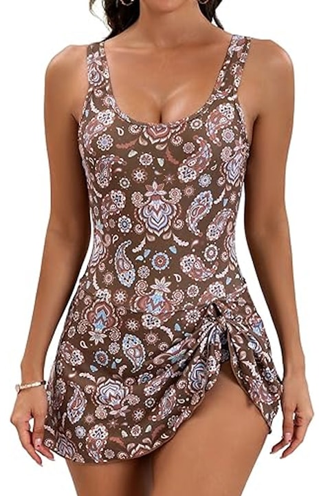 Costum de baie dama  Hggzeg  Costum de baie dintr-o bucata  Cu fusta  buretei detasabili  curele reglabile  Model floral  Bretele largi  Decolteu in forma U  Pentru vacanta  surfing  sporturi nautice  Nylon/spandex/poliester  Marimea XL  Maro