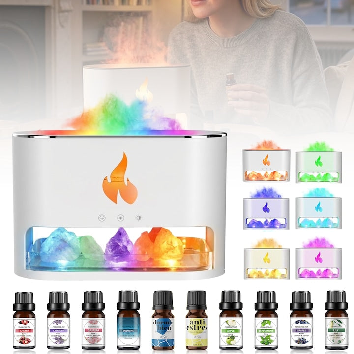 AYCYKD Aroma Diffuser, 3-in-1 Essential Oil Diffuser, Himalayan Salt Lamp, Humidifier, 250ml, 7 Colors, Timer Function, White, Set with 10 Essential Oils
