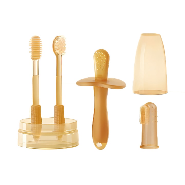 Set 4 periuta de dinti pentru bebelusi  baton molar  cana cu apa  usor de curatat  silicon  Maro