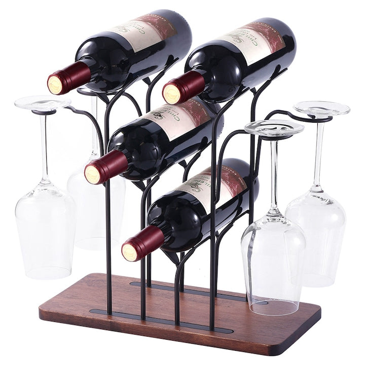 Suport sticle si pahare  Rqiurpn  metal si lemn  4 sticle si 4 pahare  34x16x33 cm  negru si maro