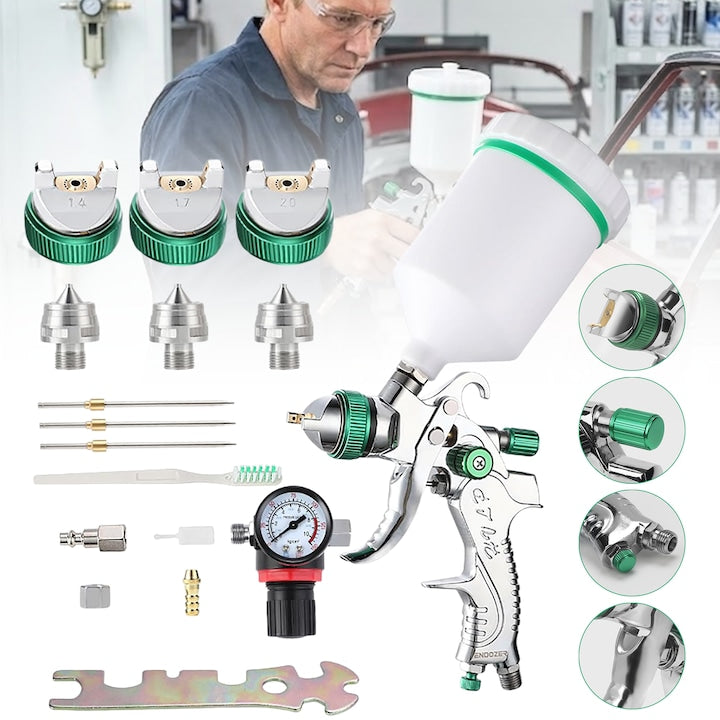 Set pistol de vopsit  cu 3x duza 1.4 1.7 2.0 mm 600ml Flux si latime de pulverizare reglabile Pentru grunduri auto pulverizarea suprafetelor de mobilier vopsea de perete  Argintiu/Verde