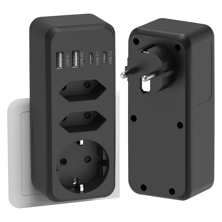 Wall Multi-Socket with USB 1 Schuko Socket + 2 Euro Type C Sockets 2 USB-A Ports + 2 USB-C Ports 15A 17W Charging Surge Protection OUYLAF Black