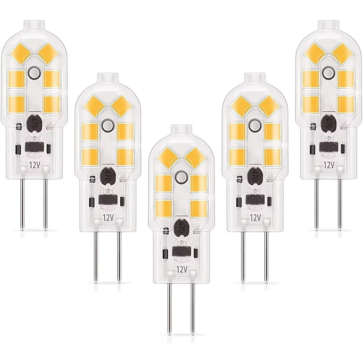 Set of 5 LED G4 2W bulbs, replacement for 20W halogen bulb, 200 lumens, warm white light 3000K, 12V, non-dimmable