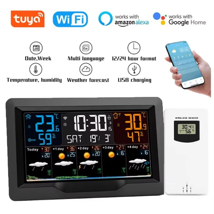 Smart Weather Station WALALLA Monitors Indoor/Outdoor Temperature and Humidity Large Display Weather Forecast Wireless Sensor Barometer Alarm USB Port Ideal for Home and Office