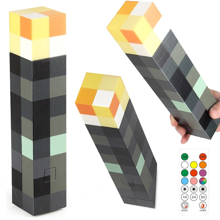 ZOUN Minecraft-themed night light, USB rechargeable, 8 color-changing modes, remote control included, automatic color transition, flame effect, sound effects, timer function, adjustable brightness, 28 x 6 x 6 cm