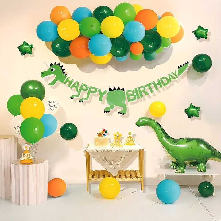 Set Baloane Petrecere Aniversara Copii 47 Piese Tema Dinozauri - Banner La Multi Ani Dinozaur  Balon Folie Dinozaur Mare  Stele  Baloane Latex Multicolor + Accesorii