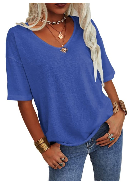 Imily Bela - Tricou oversized  guler V  maneca jumatate（10036）  Albastru royal