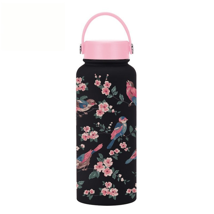 Cana Termos Portabila 1000ml Sticla Termo Vacuum din Otel Inoxidabil 304  Capacitate Mare  Capac cu Maner si Inchidere Sigura  Anti-Curgere  Design Flori si Pasari Negru