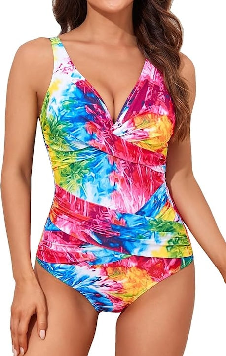 JENUOS - Costum de baie intreg  decolteu in V  cu volane  negru   Multicolor