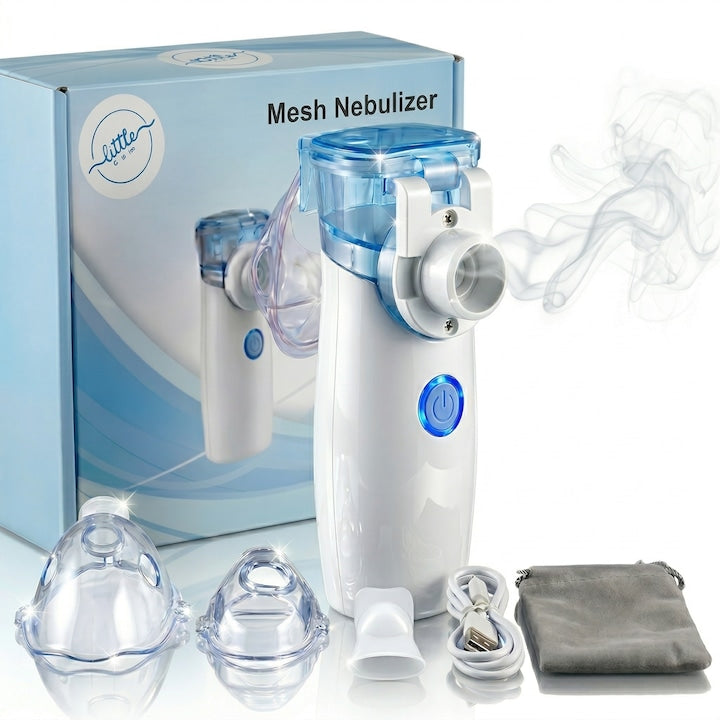 Aparat Aerosoli-Nebulizator Portabil  LittleDomi  Silentios  Masca pentru Copii  Masca pentru Adulti  Piesa pentru Gura  Capac Protectie  Husa de Depozitare  Alb