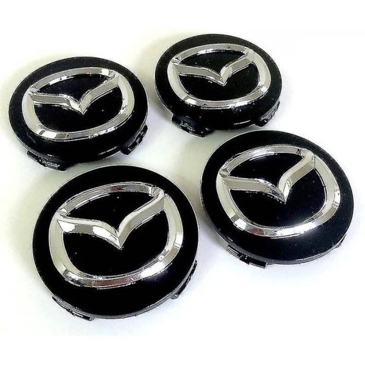 Set of 4 Mazda 55mm BLACK+SILVER wheel center caps for alloy wheels with retaining ring