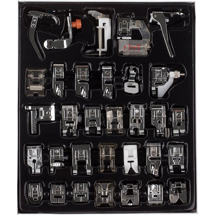 Set of 32 Multifunctional Universal Sewing Machine Presser Feet for Brother, Singer, Janome, Viking, Haushalt, Teflon Foot, Silver