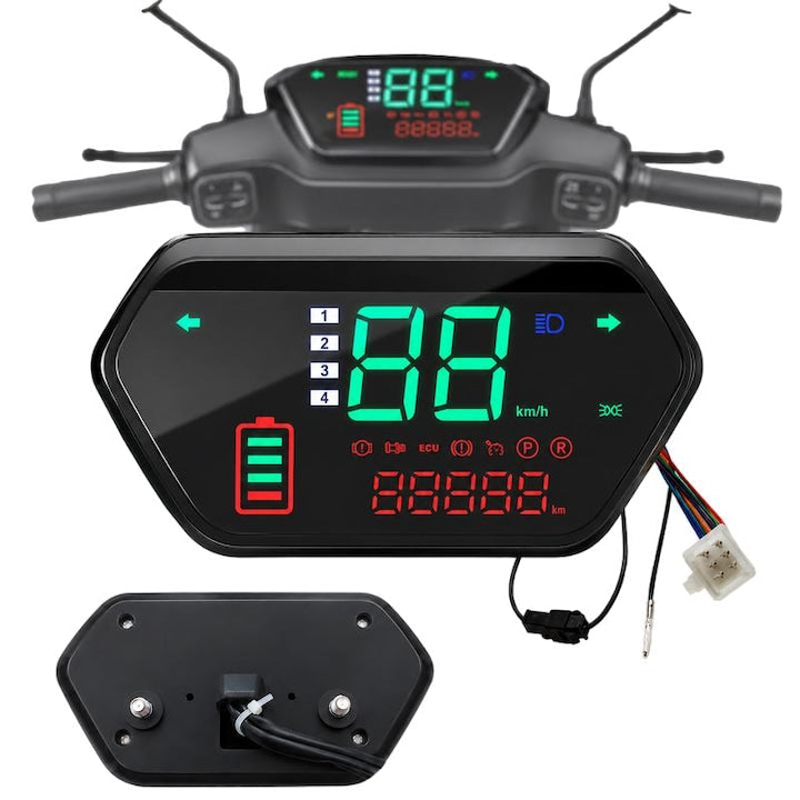 Computer de bord ZOUN Universal 48V/60V/72V  indicator nivel baterie  vitezometru si odometru  control polaritate pozitiv/negativ universal  afisaj LED  IP65  Negru