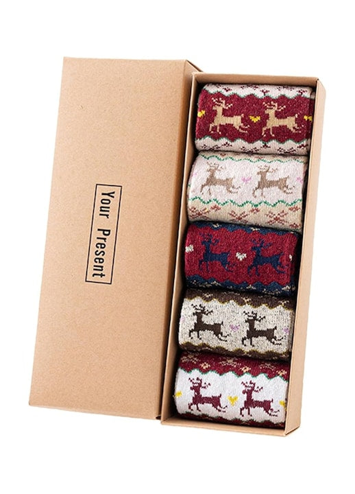 Simply Joy - Sosete dama  set 5 perechi de sosete tricotate  model calduros cu imprimeu cu reni pentru femei  Sosete confortabile de iarna pentru femei  cutie cadou  ziua de nastere  Craciun  Anul Nou