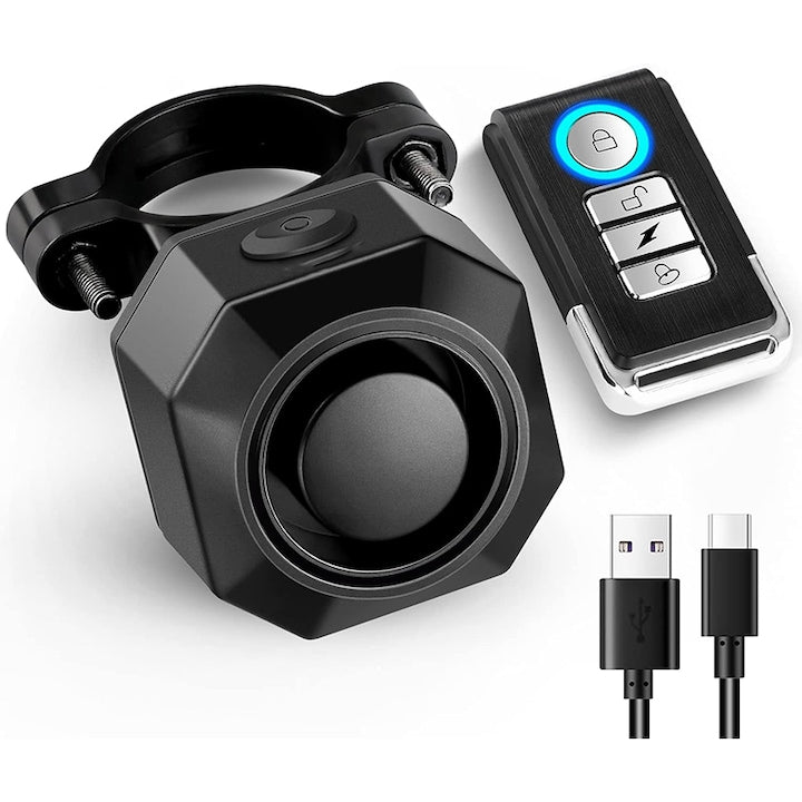 Alarma antifurt inteligenta  Rqiurpn  USB reincarcabila  volum ajustabil  sensibilitate ajustabila  Protectie Avansata cu IP65  telecomanda wireless  senzor frana