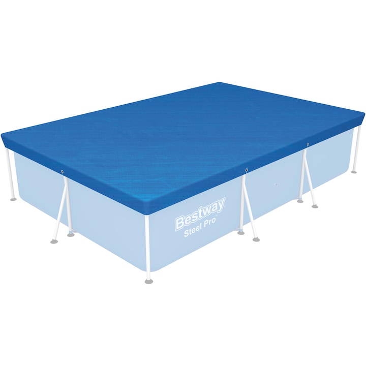 Prelata de protectie pentru piscina Bestway  304x205 cm  material polietilena  include snur de prindere si orificii de drenaj ce previn acumularea de apa  compatibila cu piscine Steel Pro  albastru