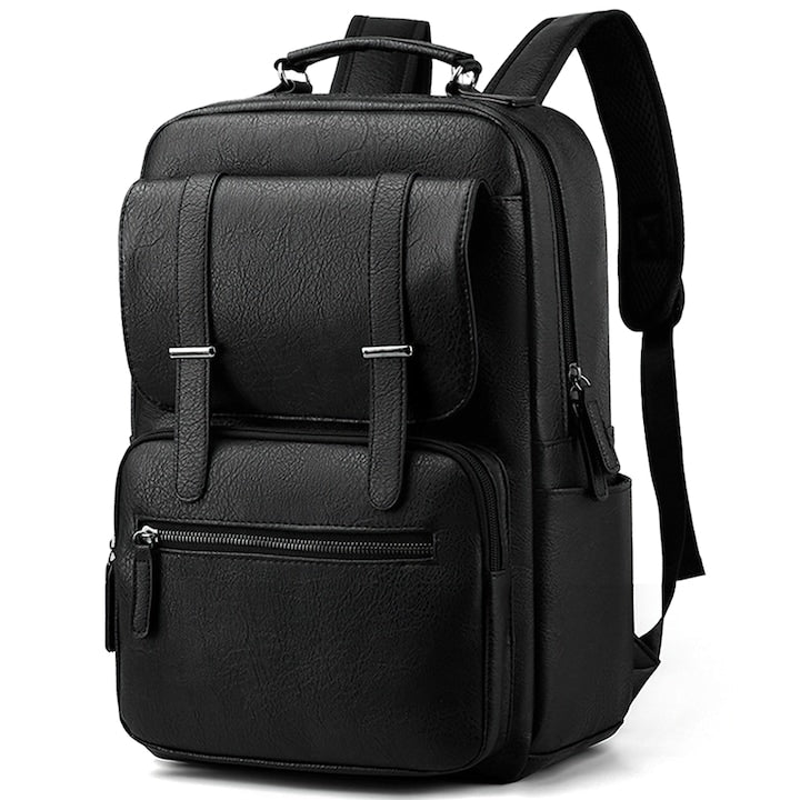 Rivinan Multifunctional Backpack, Leather Exterior, Ideal for Laptop, Office or Travel, Waterproof, Multiple Pockets, Zipper Closure, Reinforced Adjustable Straps, Soft PU Material, 28x18x40 CM, Black