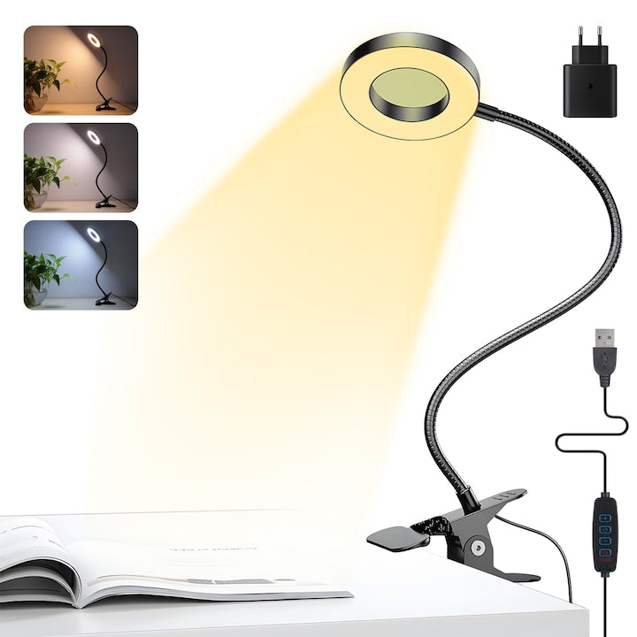 CHOOLY Clip Reading Lamp, 3 Color Temperatures, 10 Brightness Levels, Black, USB Powered