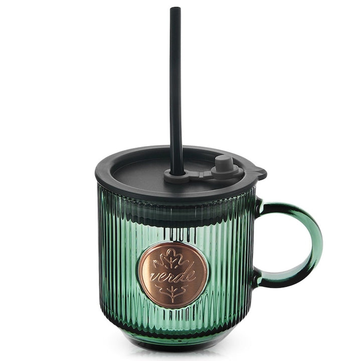 Green Glass Mug with Ribbed Surface Orion Green Series, 330 ml Capacity, Excellent for Hot and Cold Drinks, Product Includes Practical Lid for Sealing and Silicone Straw, Has a Comfortable Handle and is Dishwasher Safe