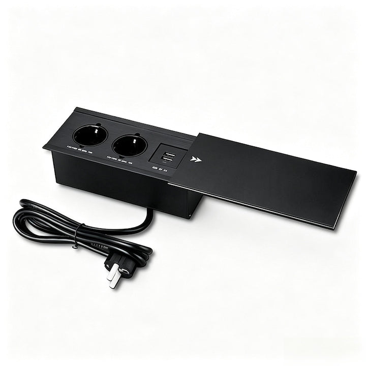 Pop-Up Socket for Countertop, 2 Schuko Sockets + 2 x USB-A 5V 2A, Sliding Cover, Installable in Countertop/Desk/Kitchen, Cable Length 1.8m, Black