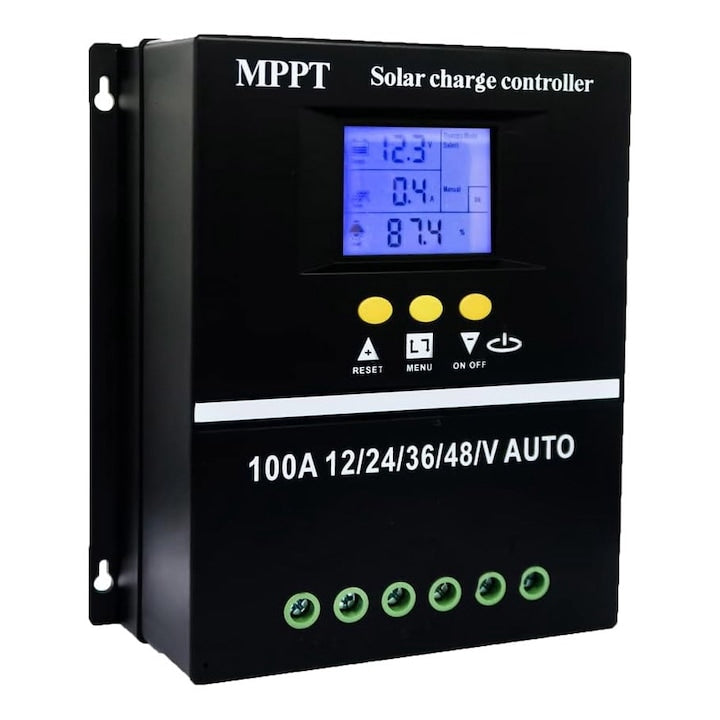 Controler de incarcare solar 100A  MPPT 12V/24V/36V/48V  Regulator inteligent cu port USB dublu  Parametrul automat PWM  display LCD  7 moduri de functionare  6 protectii functionale  OUYLAF  Negru