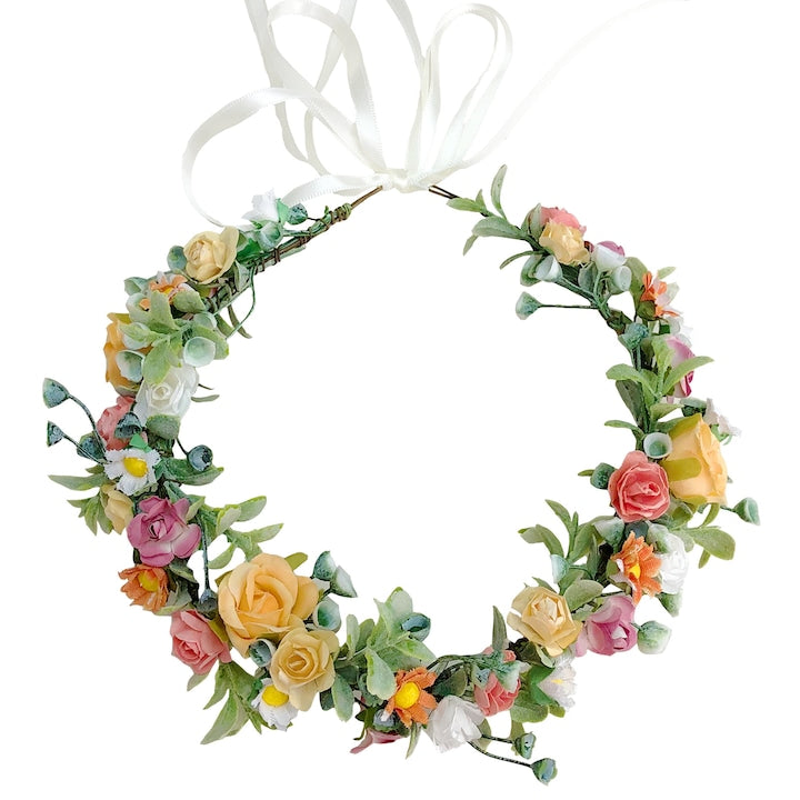 Fantasy - Adjustable Head Decorating Hair Wreath Artificial Flowers and Leaves Model Rose Hair Crown Hair Tiara 42 cm Suitable for occasions such as weddings engagements anniversaries graduations cosplay themed parties White/Yellow
