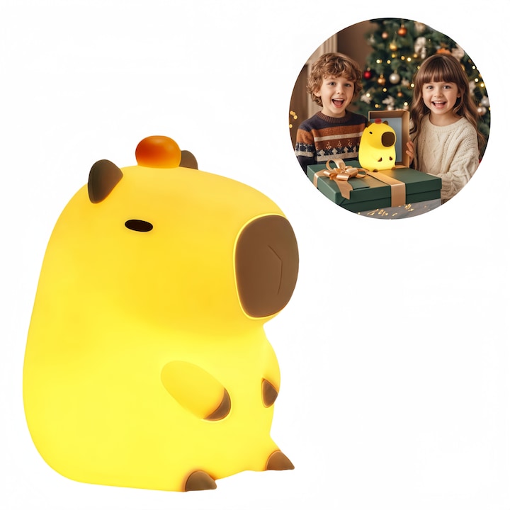 Wacorresi Capybara Night Light for Children, with a small orange on its head, portable, silicone, LED, 1200 mAh, Two-speed brightness adjustment, 110x88x128mm, Yellow