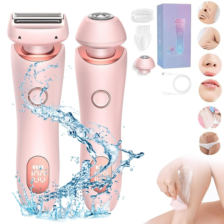 2-in-1 Electric Shaver, Facial and Body Shaver, 2 Interchangeable Heads, Wet/Dry Use, LCD Screen, IPX7 Waterproof, Ergonomic Design, Easy to Use, Ideal Gift, Pink